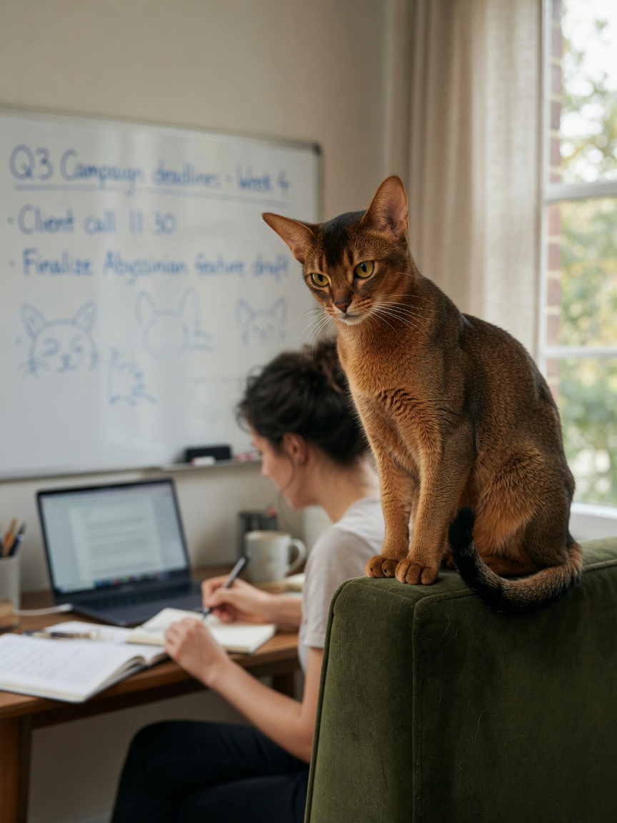 Abyssinian cat supervising from sofa back, showing breed's need for involvement and proximity to owners