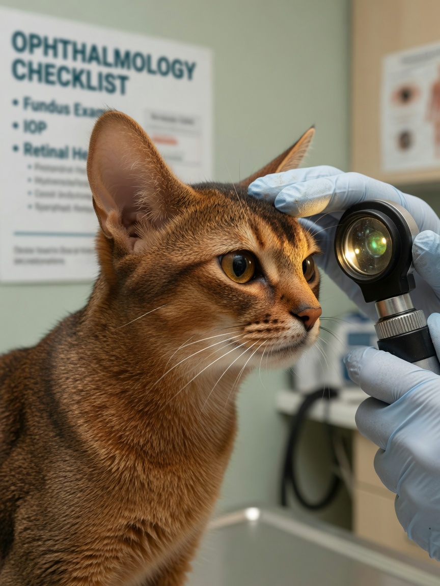 Abyssinian cat undergoing veterinary eye examination by veterinarian with ophthalmoscope
