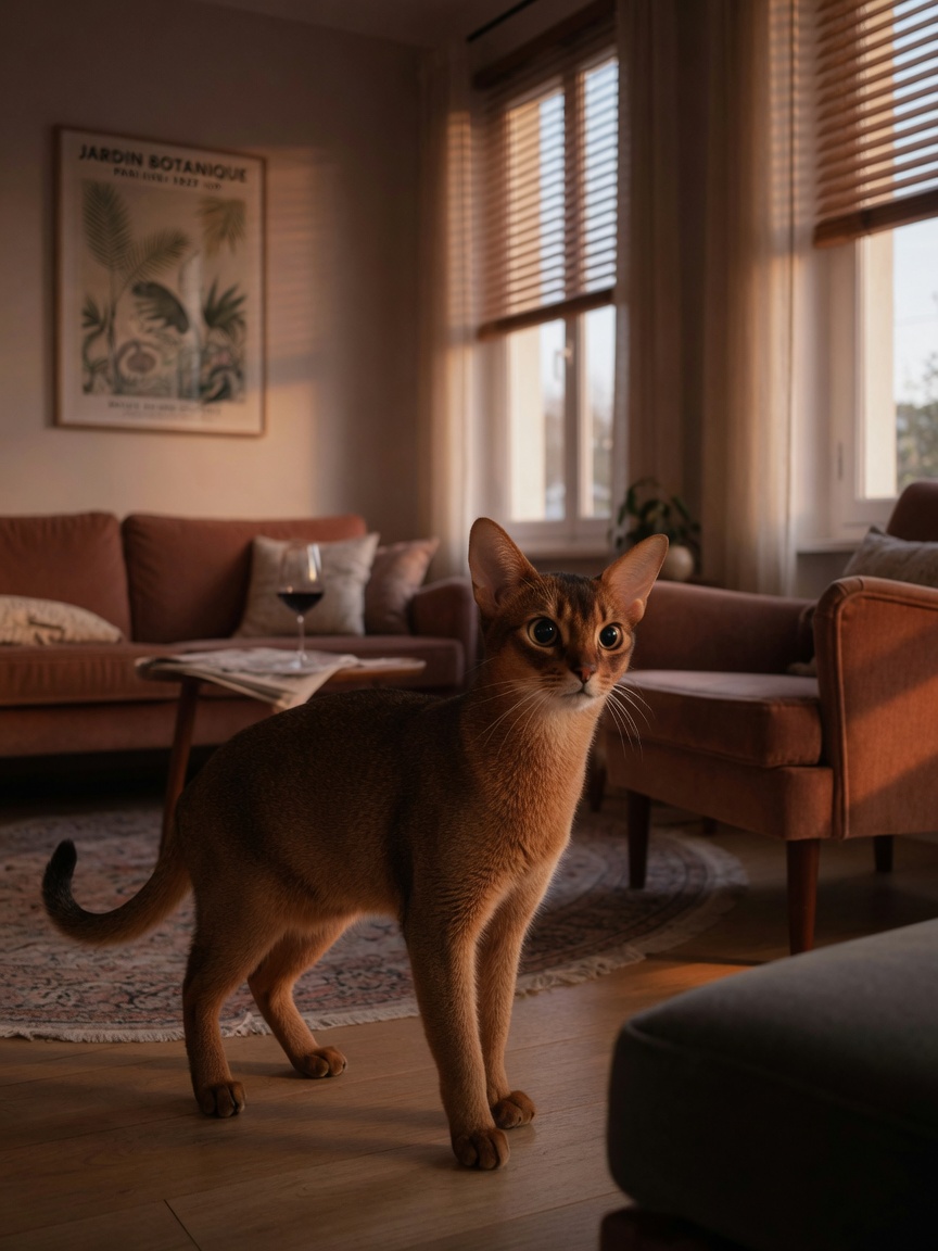 Abyssinian cat navigating dimly lit interior space with dilated pupils, showing early signs of night blindness