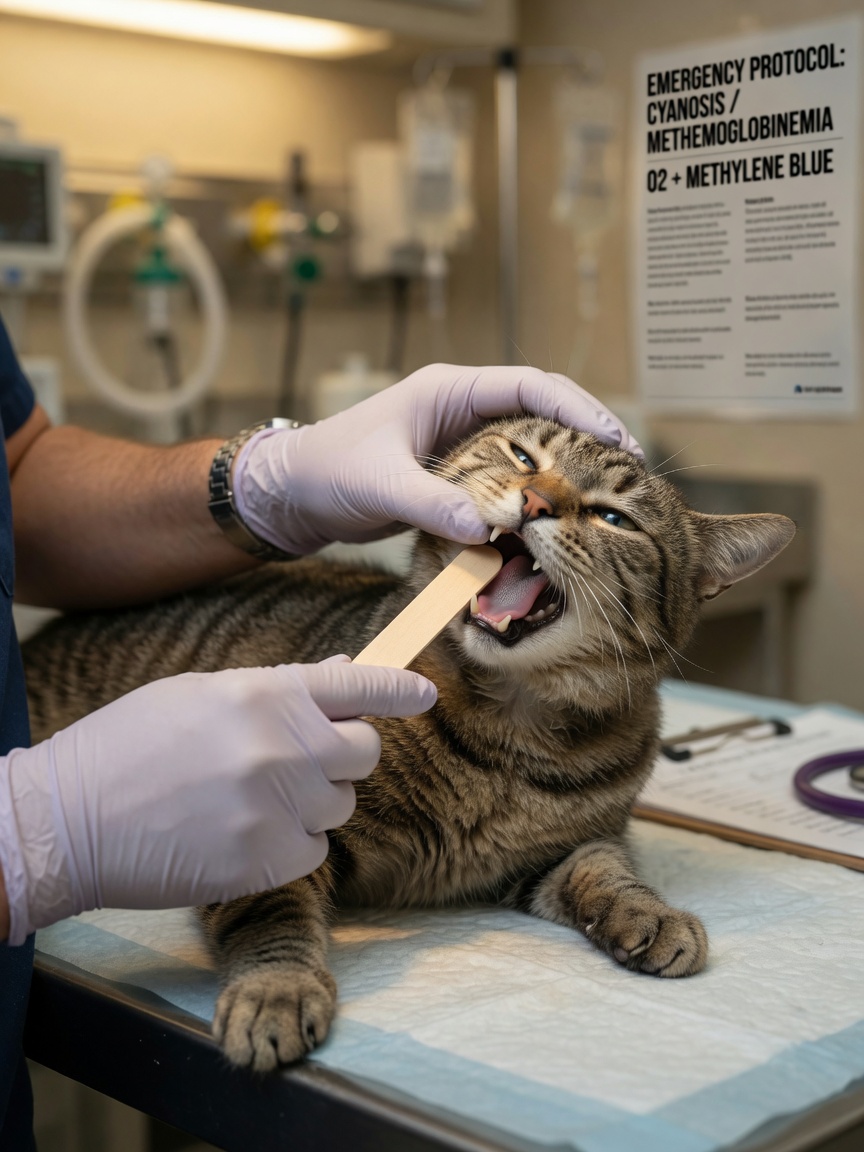 Veterinarian examining a sick cat's gums showing grey and blue discoloration during emergency exam, depicting methemoglobinemia symptoms from acetaminophen poisoning