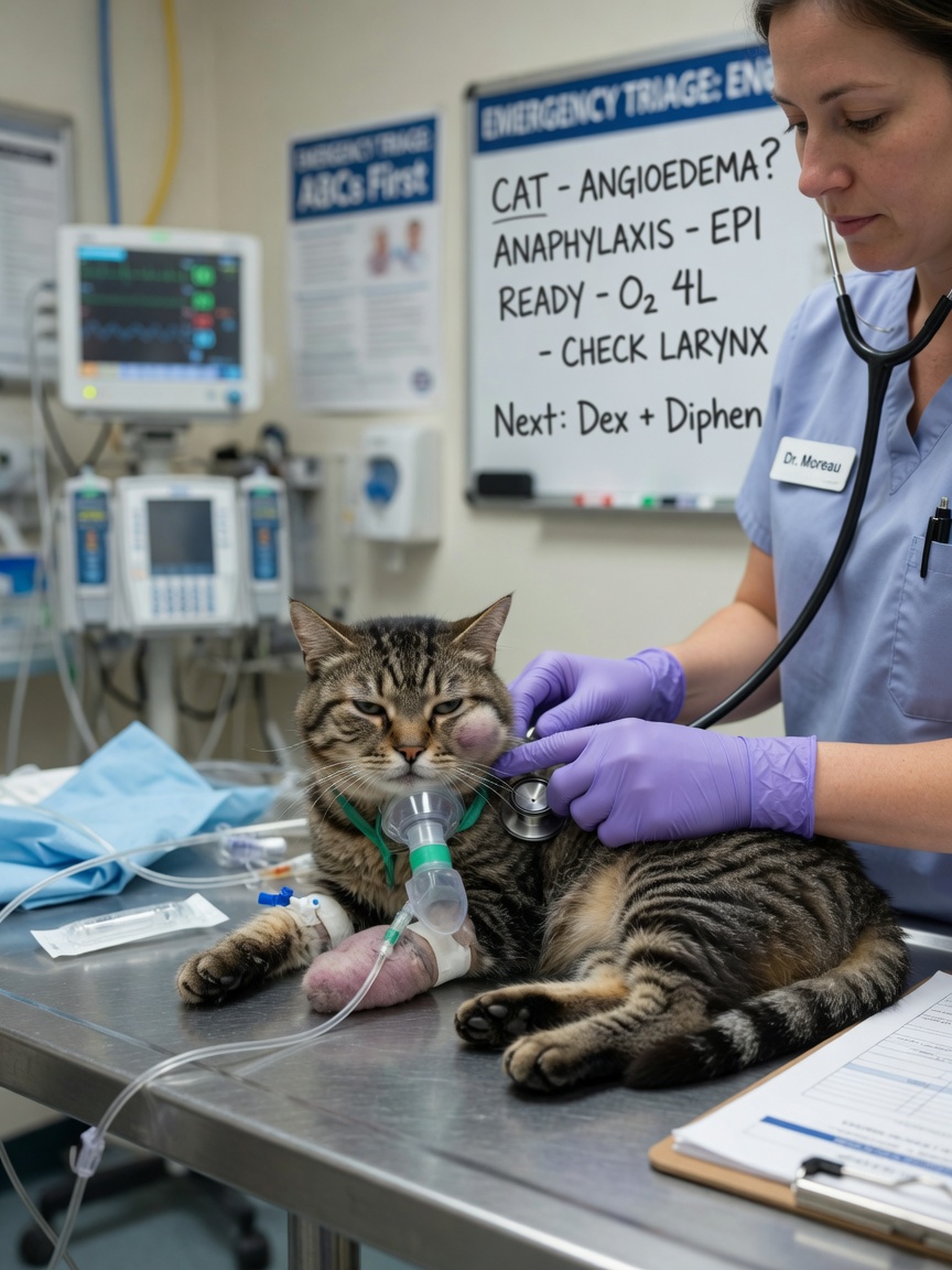 Emergency veterinary care for an acetaminophen-poisoned cat receiving oxygen and IV treatment, showing swelling and critical illness from rapid toxin progression