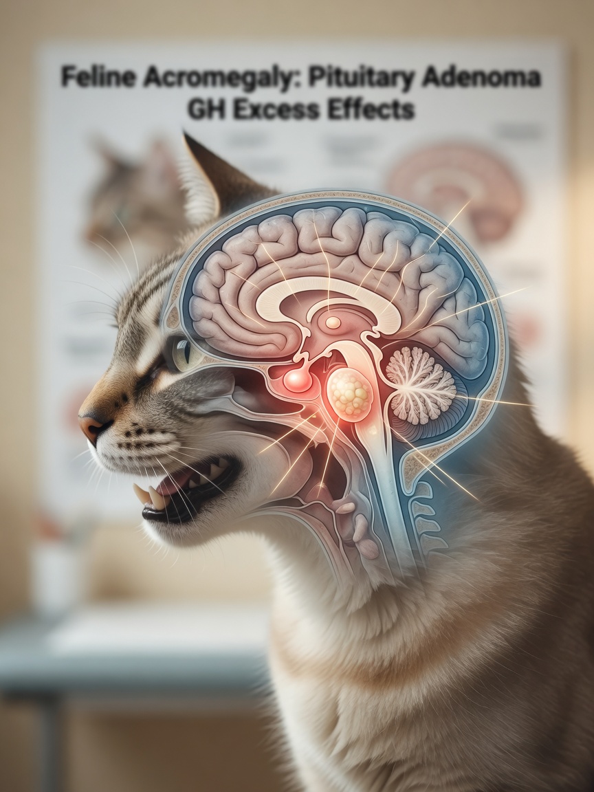 Medical visualization of cat's brain showing pituitary gland location with enlarged adenoma tumour