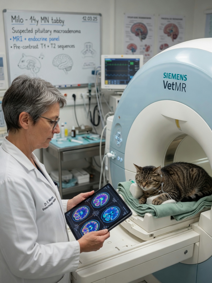 Veterinary specialist performing MRI scan on cat during acromegaly diagnostic workup