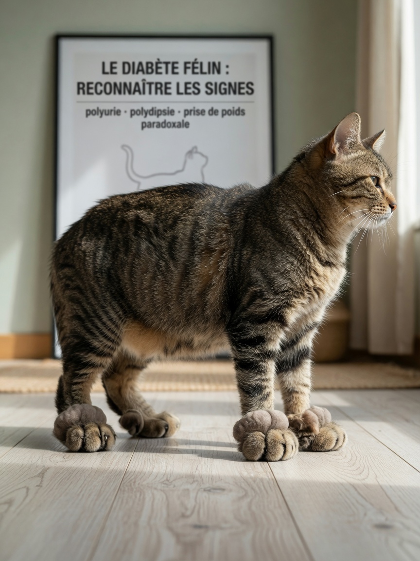 Side view of a tabby cat showing physical signs of acromegaly including enlarged body, thickened paws, and coarser facial features
