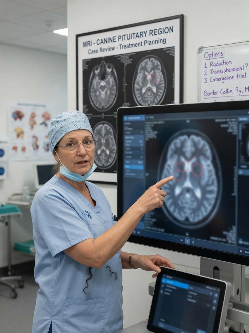Veterinary specialist reviewing advanced imaging for pituitary tumor diagnosis in a specialist clinic setting