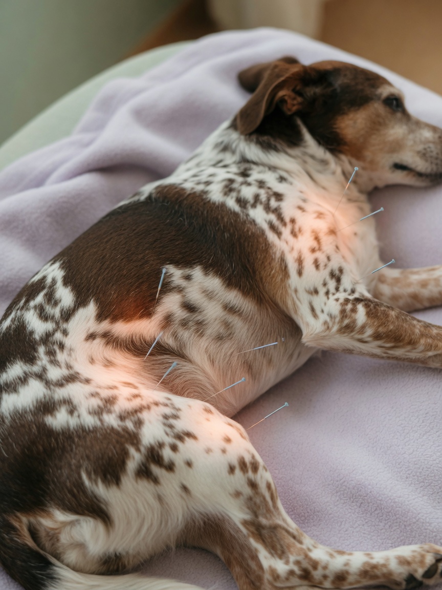Close-up of acupuncture needles inserted into a dog's body demonstrating physiological stimulation