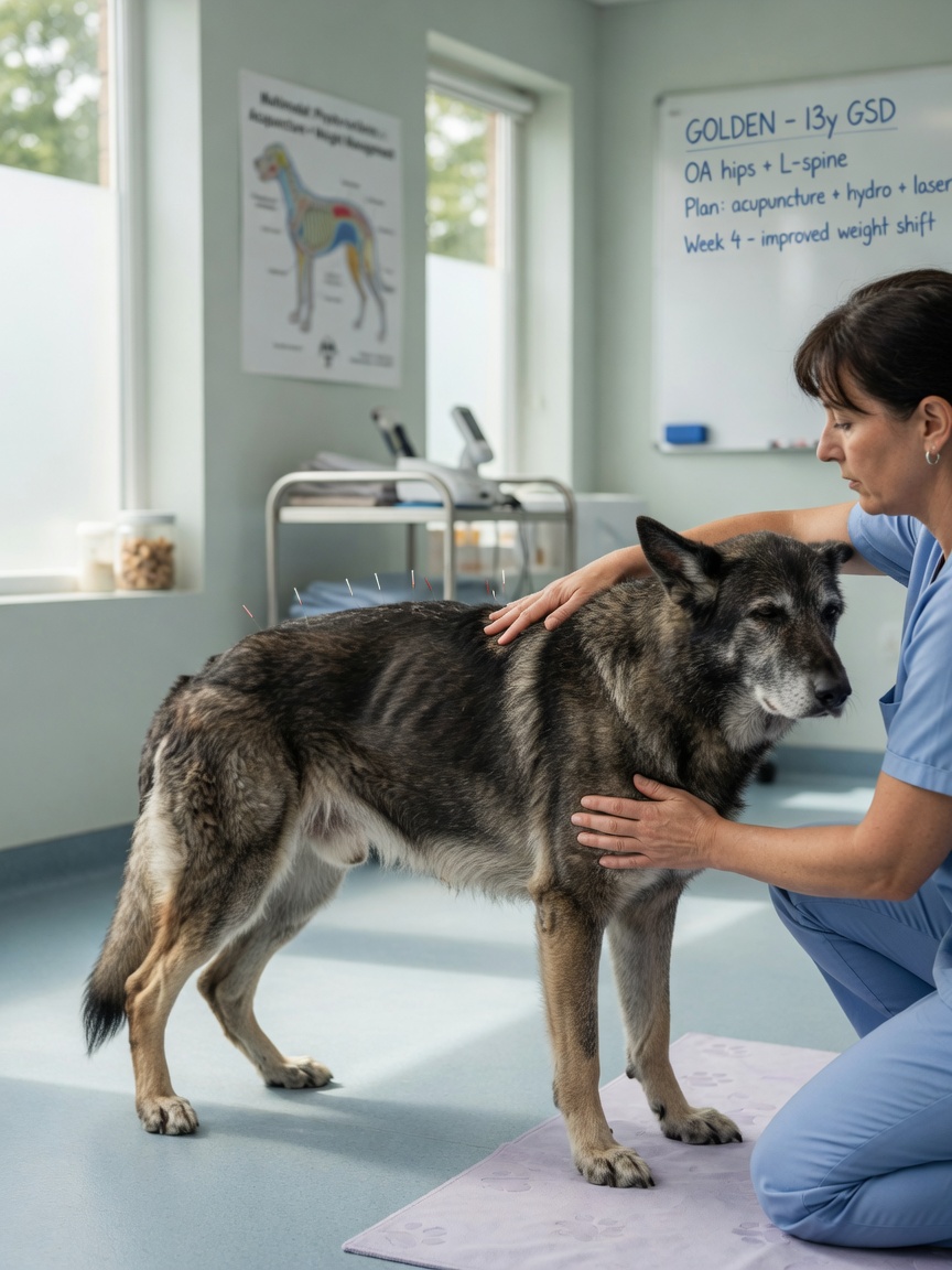 Senior German Shepherd undergoing physical examination for musculoskeletal pain and osteoarthritis assessment