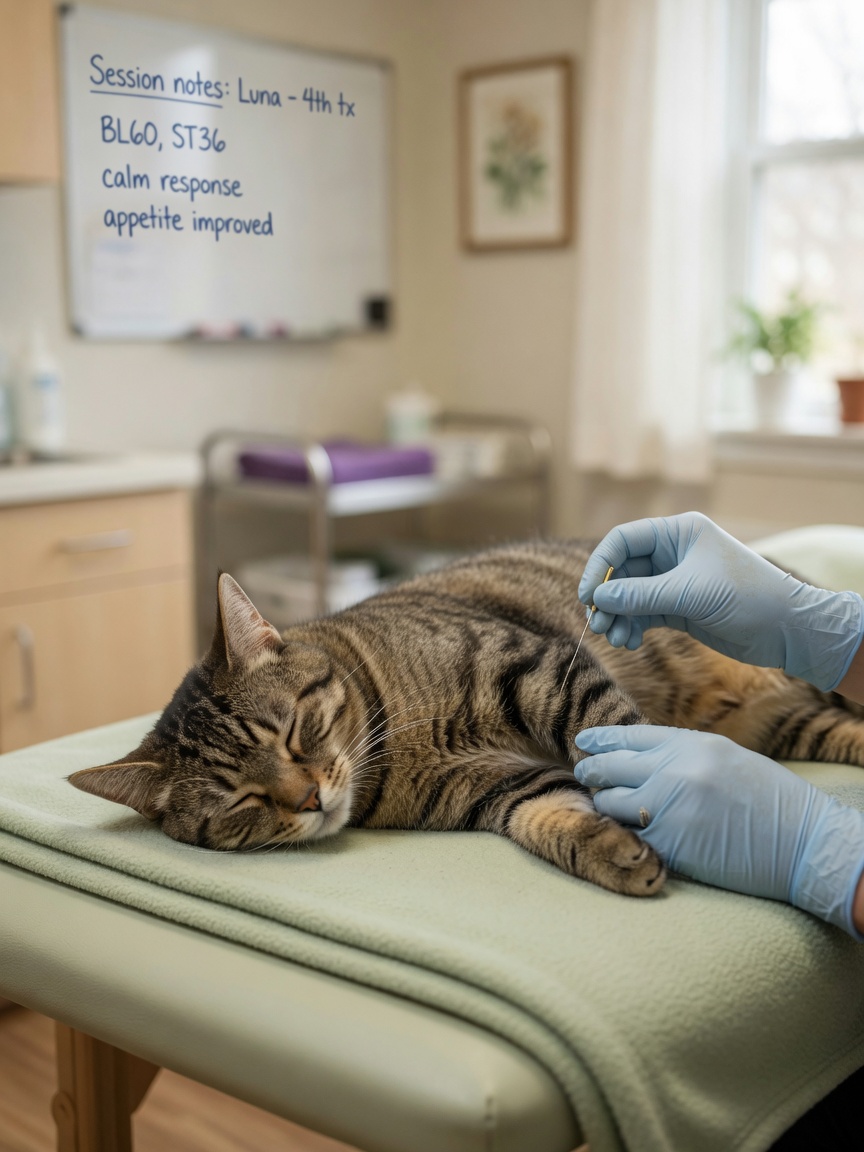 Serene tabby cat receiving acupuncture treatment on vet table with needles in place