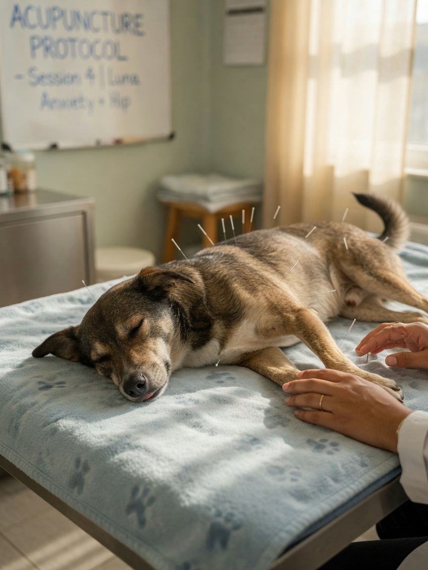 A relaxed dog lying on a veterinary treatment table with multiple fine acupuncture needles inserted along its spine and body during a therapeutic session.