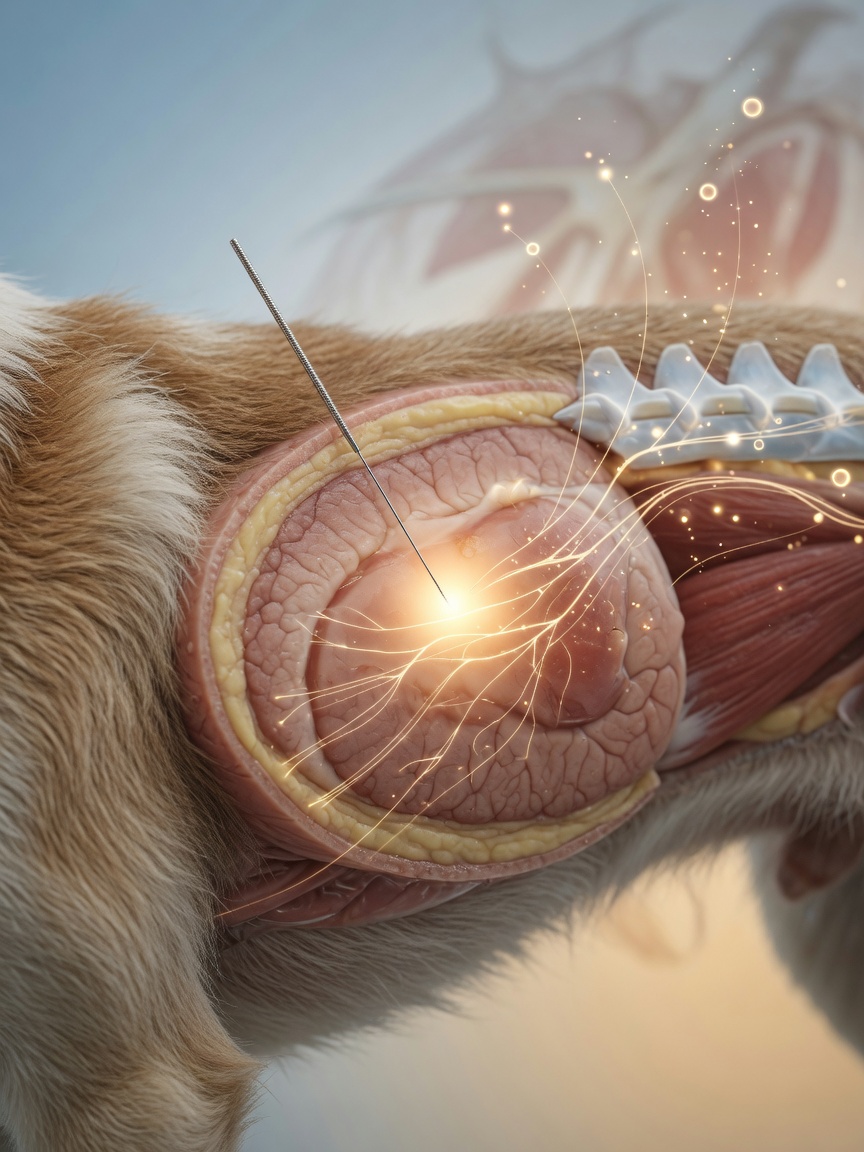 Scientific visualization of acupuncture needle insertion showing neural pathways and endorphin release activation in dog tissue.