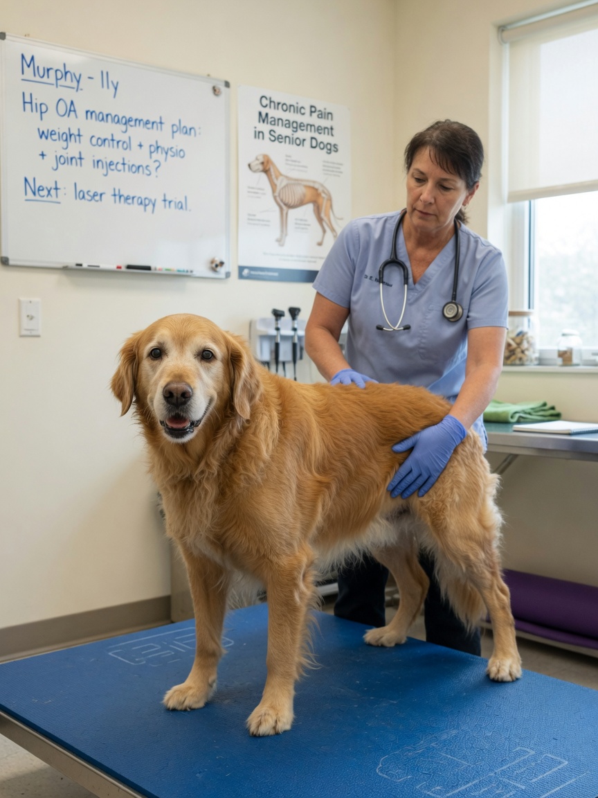 Veterinary surgeon examining an older golden retriever's hip joint for signs of osteoarthritis and musculoskeletal pain during clinical assessment.