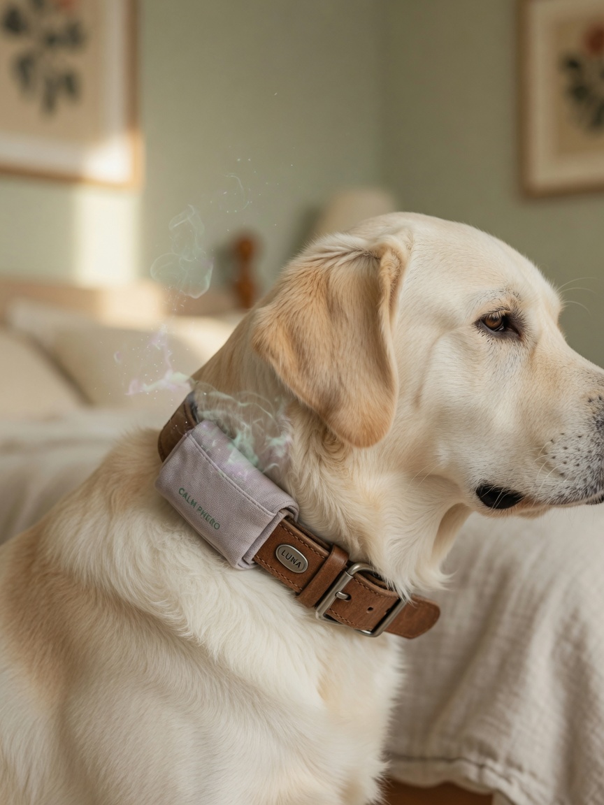 A dog wearing a pheromone collar, peacefully resting in natural light