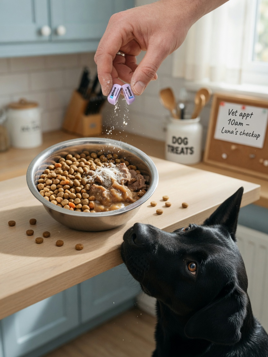 A dog owner administering a calming supplement capsule into a dog's meal bowl