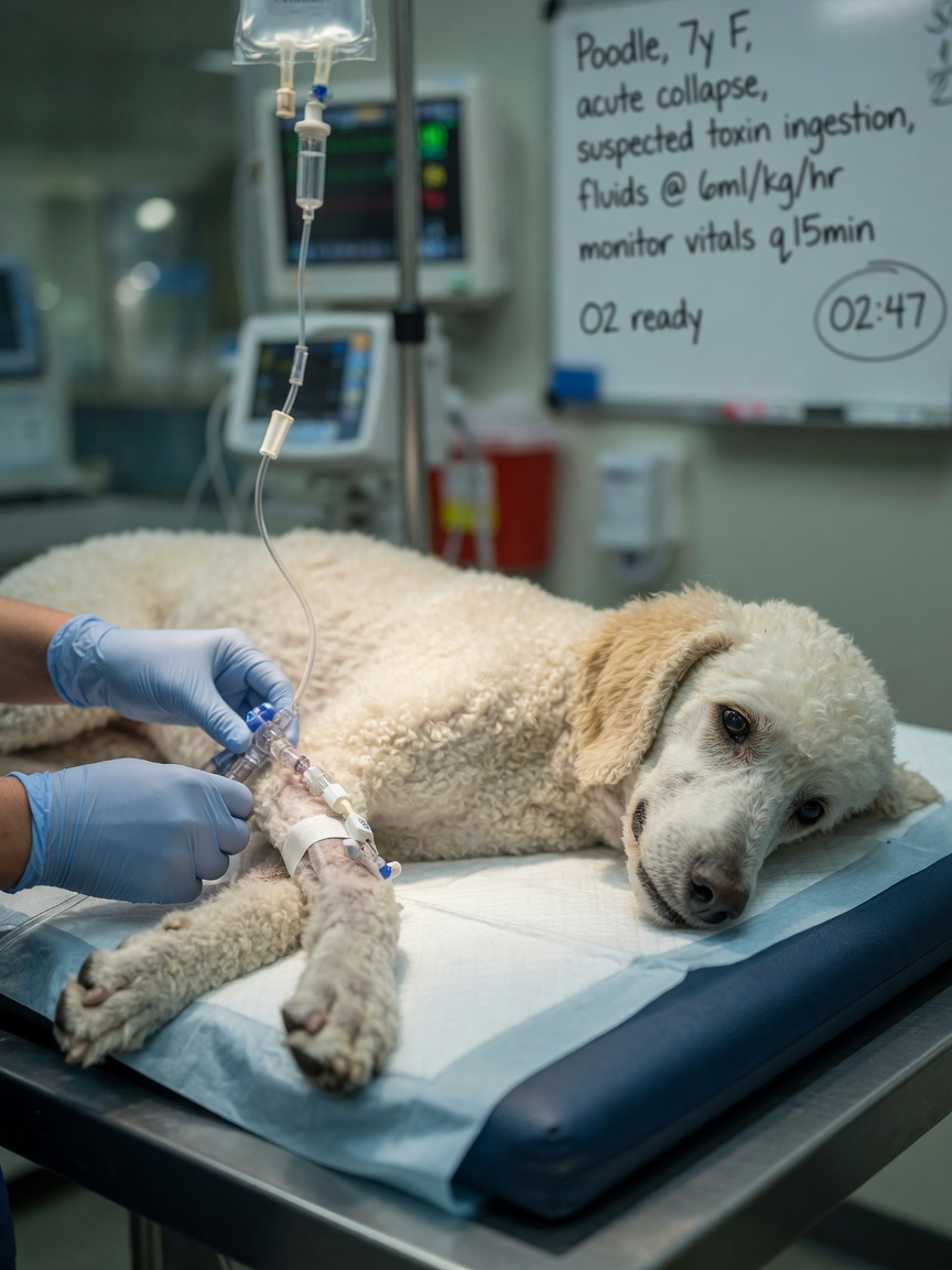 Standard Poodle receiving emergency intravenous fluid therapy during an Addisonian crisis at a veterinary emergency clinic