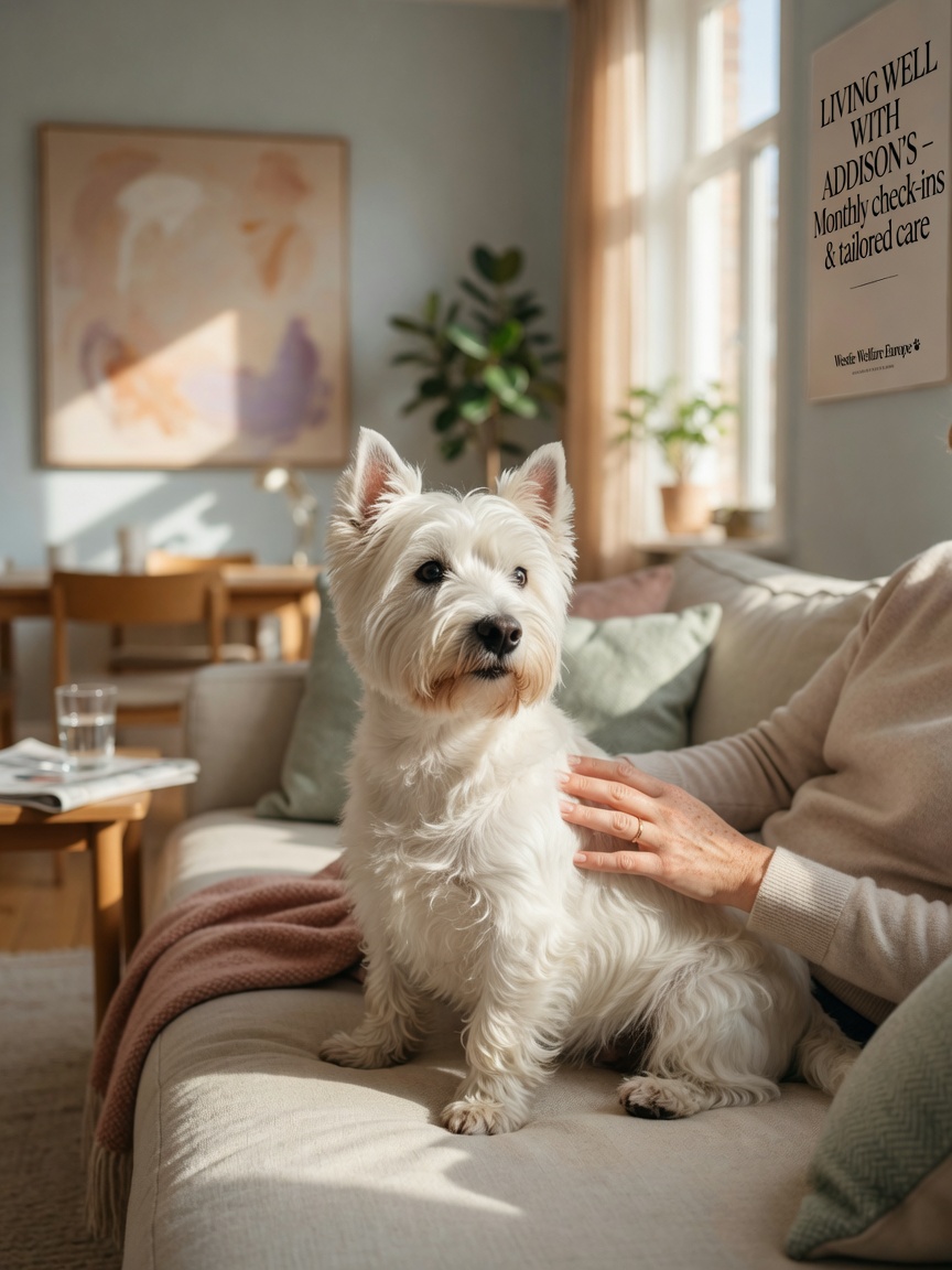 Happy West Highland White Terrier relaxing with its owner at home, demonstrating successful long-term Addison's disease management