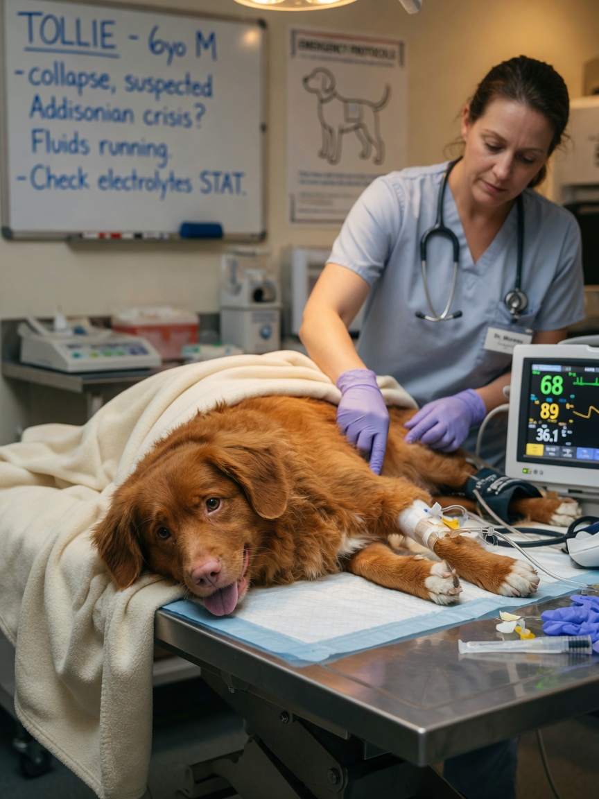 Emergency veterinary treatment of a dog in acute Addisonian crisis with IV fluid therapy and vital sign monitoring