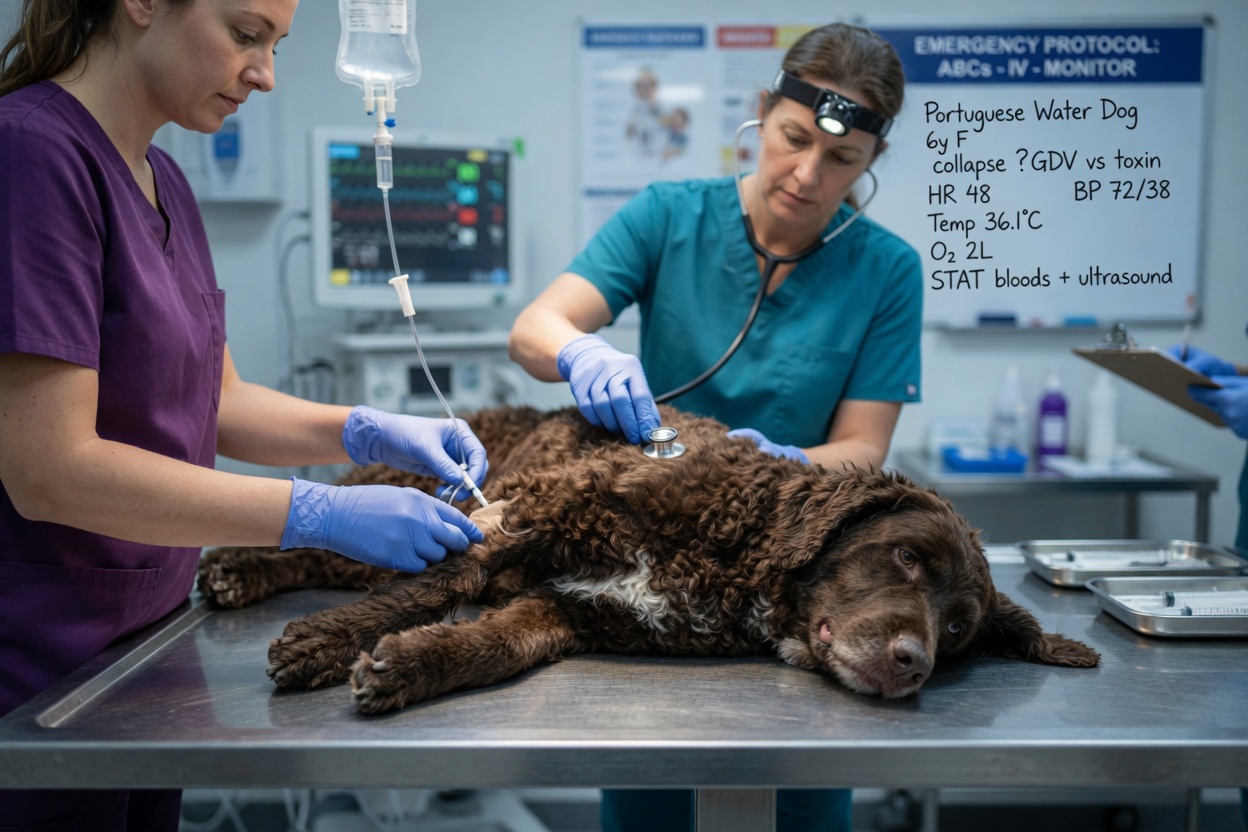 Emergency veterinary team treating a collapsed Portuguese Water Dog during an acute Addisonian crisis with IV fluid administration.