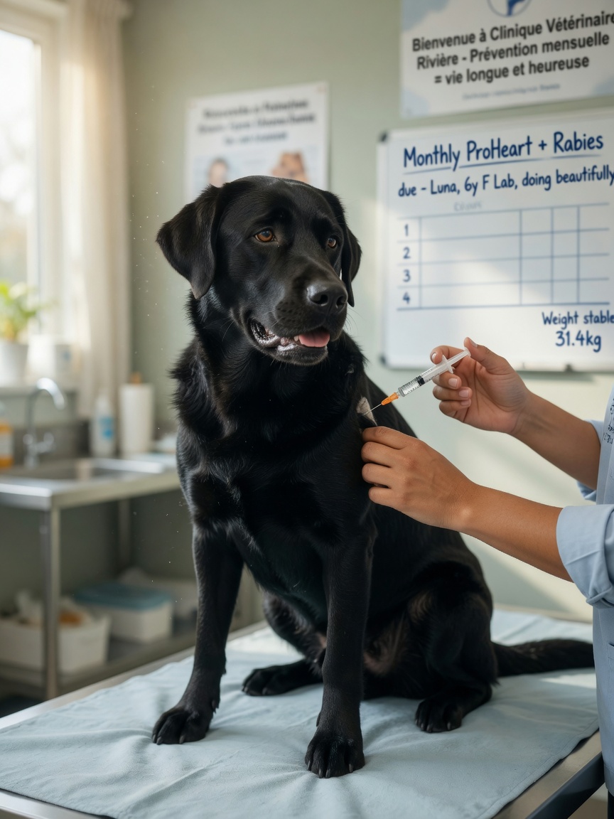 A healthy Labrador Retriever receiving a monthly mineralocorticoid injection from a veterinarian as part of long-term Addison's disease management.