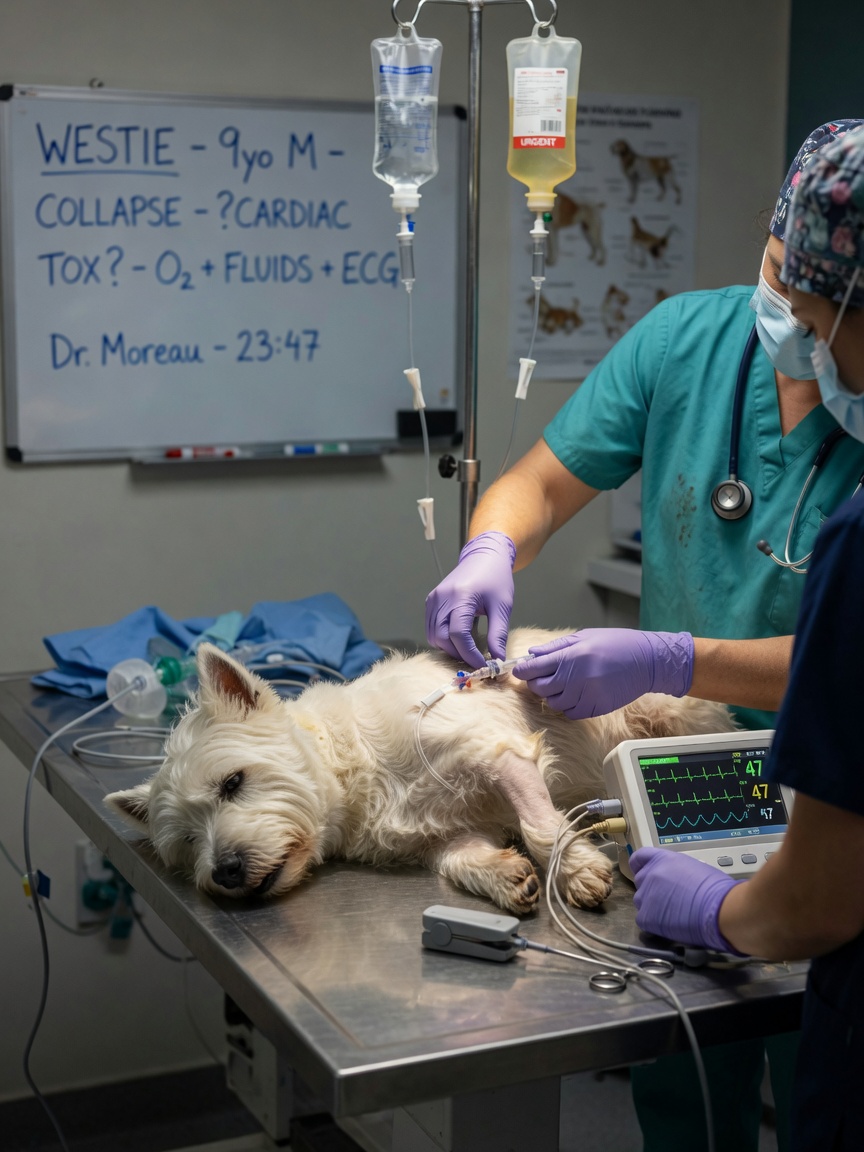 Emergency veterinary treatment of collapsed dog receiving intravenous fluids and cardiac monitoring