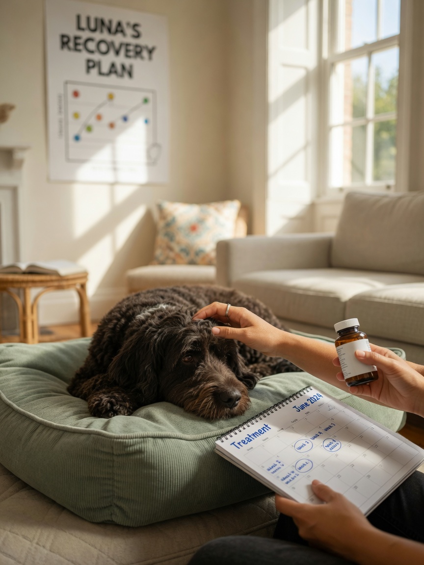 Dog receiving long-term home care with owner managing daily medication and treatment schedule
