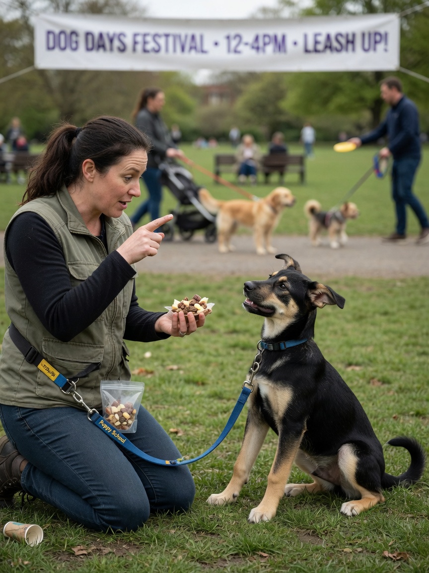 Dog trainer conducting short training session with adolescent dog in distraction-filled outdoor environment, using reward-based positive reinforcement