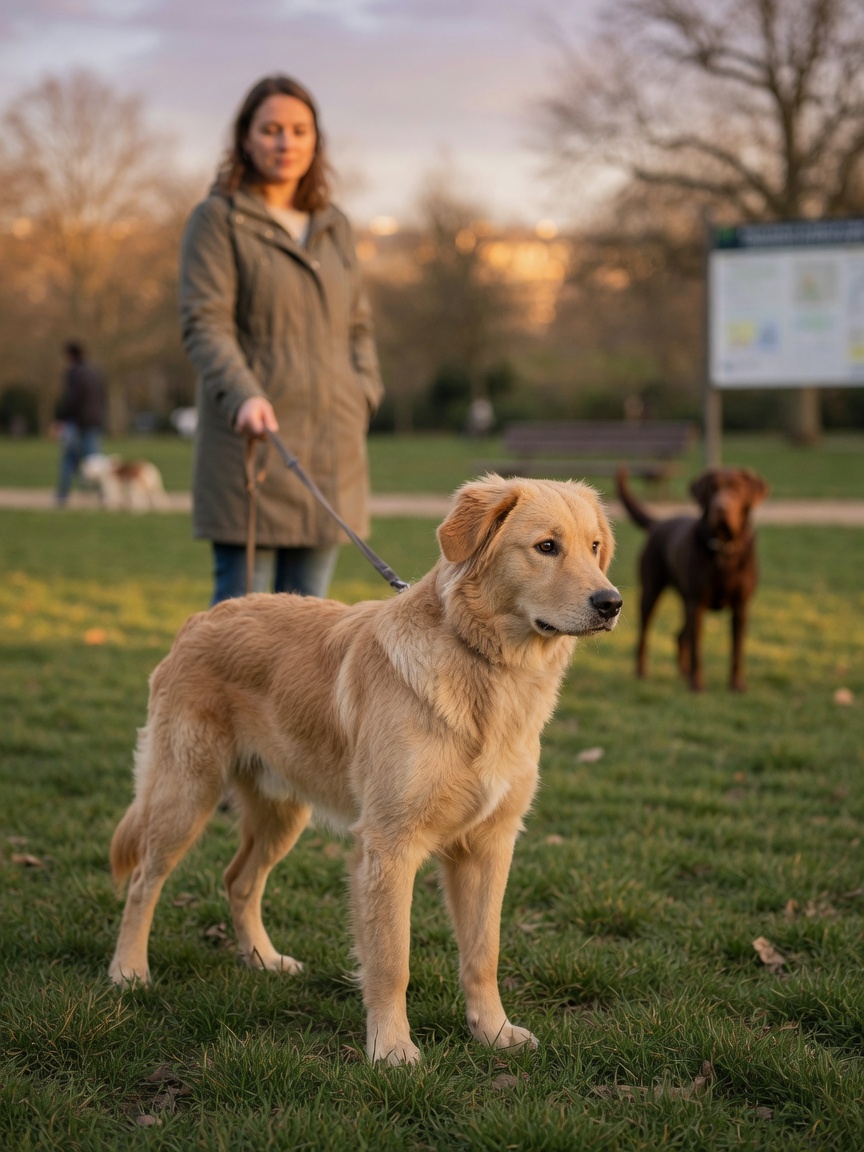 Adolescent dog showing mild stress signals during careful distance-based socialization with another dog visible in blurred background