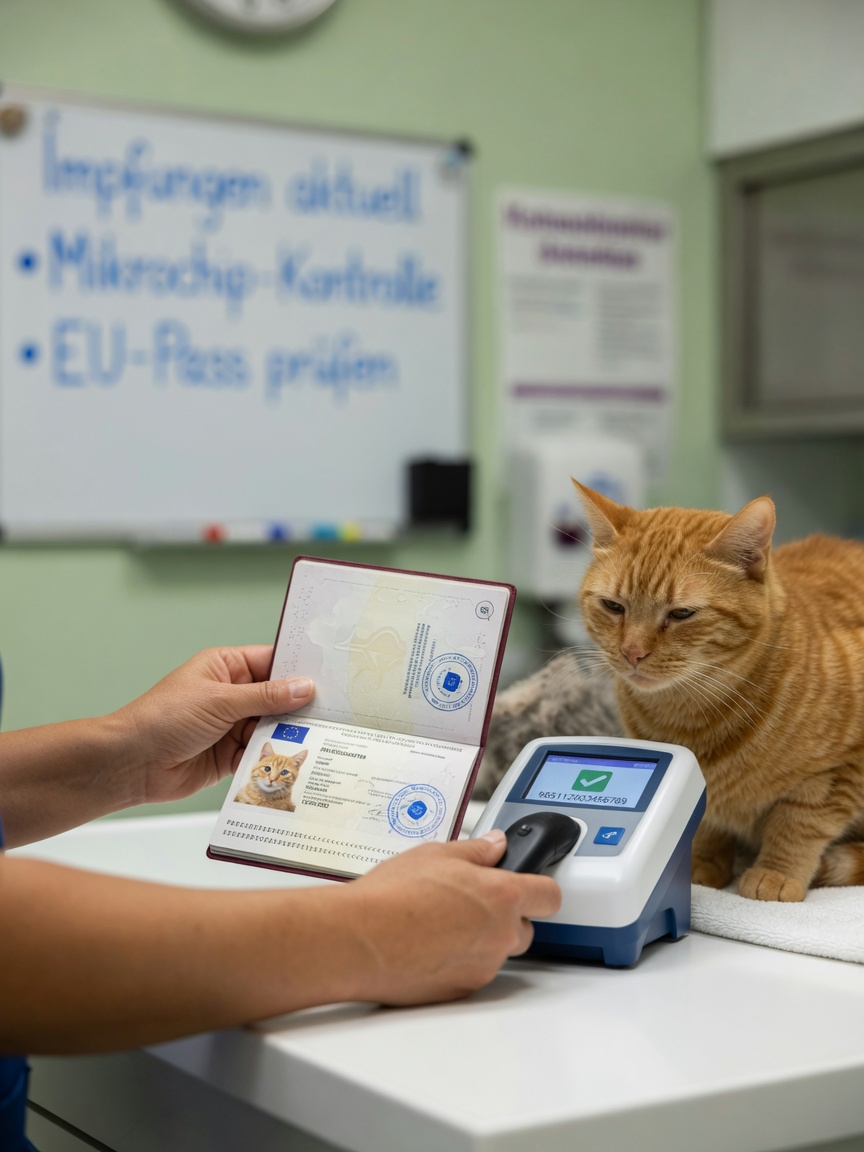 Dierenarts met een EU-dierenenpaspoort en microchip-scanner bij een tabby-kat tijdens adoptie-verificatie