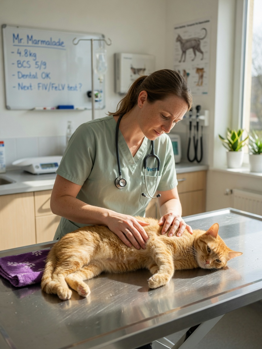 Dierenarts voert uitgebreide gezondheidscontrole uit op oranje tabby-kat direct na adoptie