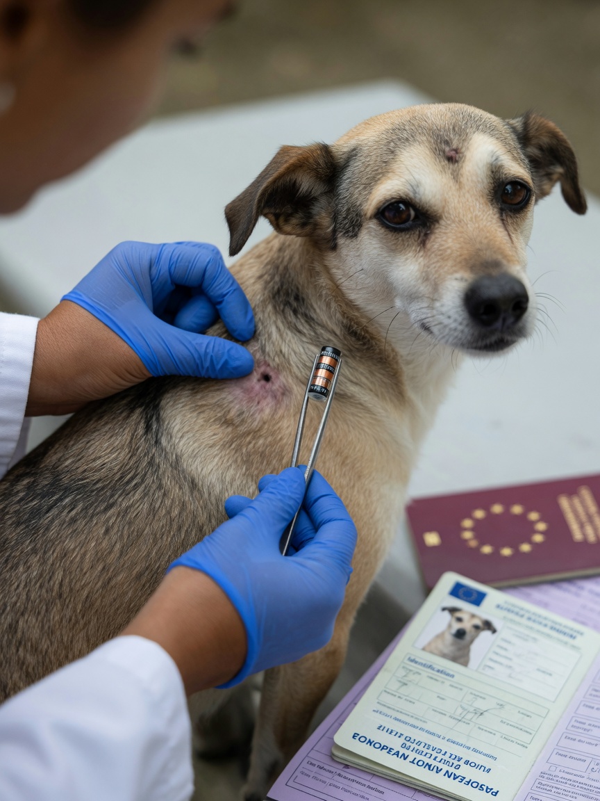 Veterinarian displaying an ISO microchip next to an adoptable dog's neck with EU Pet Passport on table