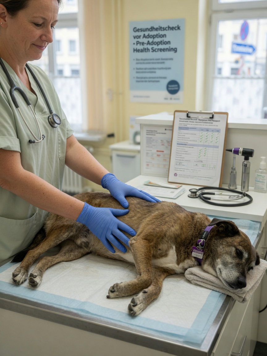 Veterinarian performing comprehensive health examination on rescue dog before adoption in European clinic