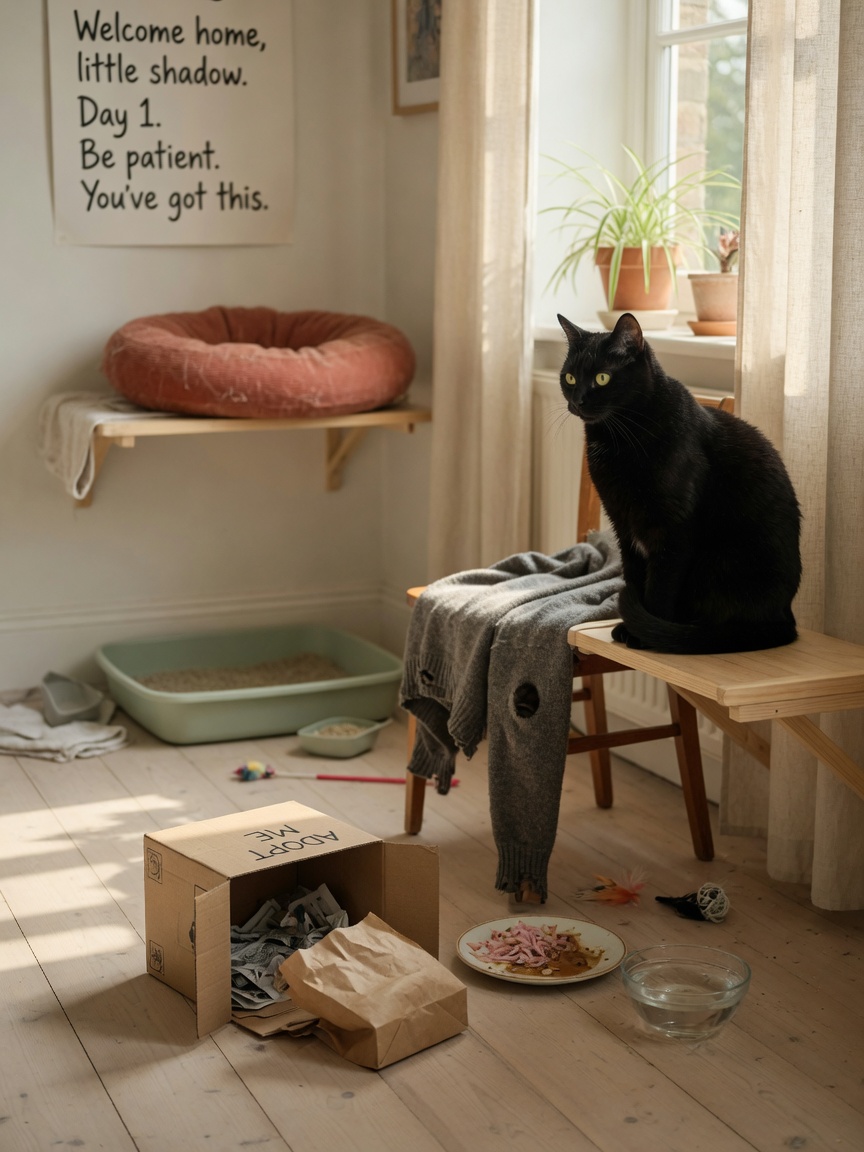 A prepared sanctuary room for a rescue cat adoption, showing properly positioned litter tray, food and water stations, hiding spots, and elevated resting areas in natural light.