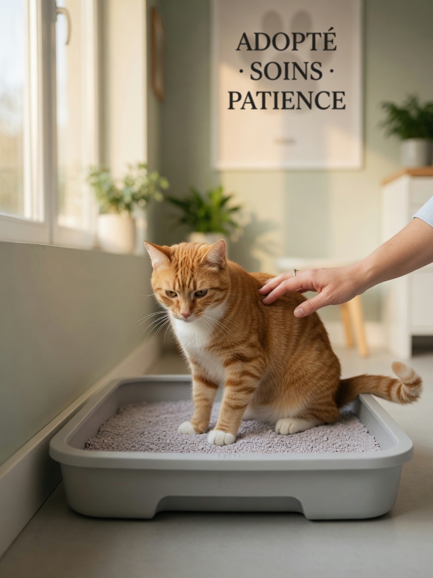 A rescue cat using a litter tray with an attentive owner nearby, illustrating the monitoring necessary during the adjustment period for health issues like stress-related cystitis.