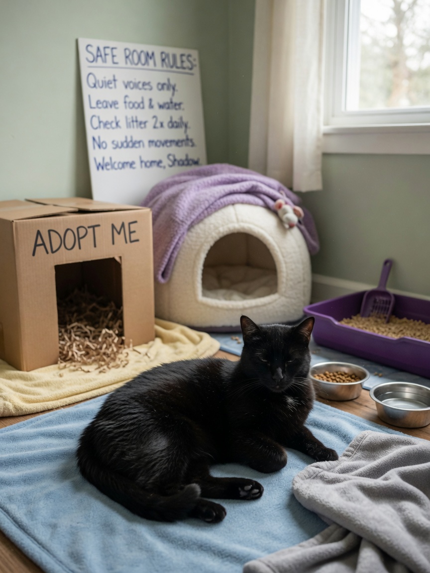 Rescue cat in a safe room setup with hideaway box, litter tray, food bowls and cosy bed