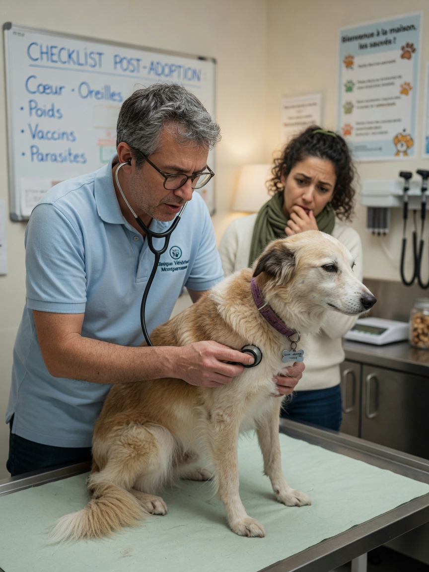 A veterinarian performing a post-adoption health check on a rescue dog using a stethoscope to listen to breathing