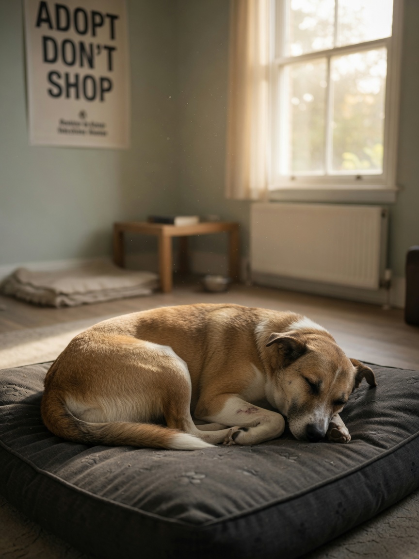 Rescue dog resting peacefully on a bed during the decompression phase