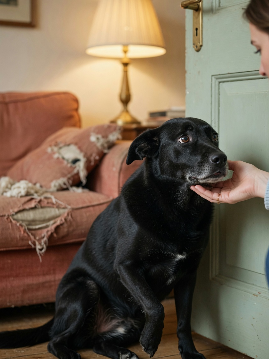 Rescue dog showing separation anxiety near doorway with torn cushion visible