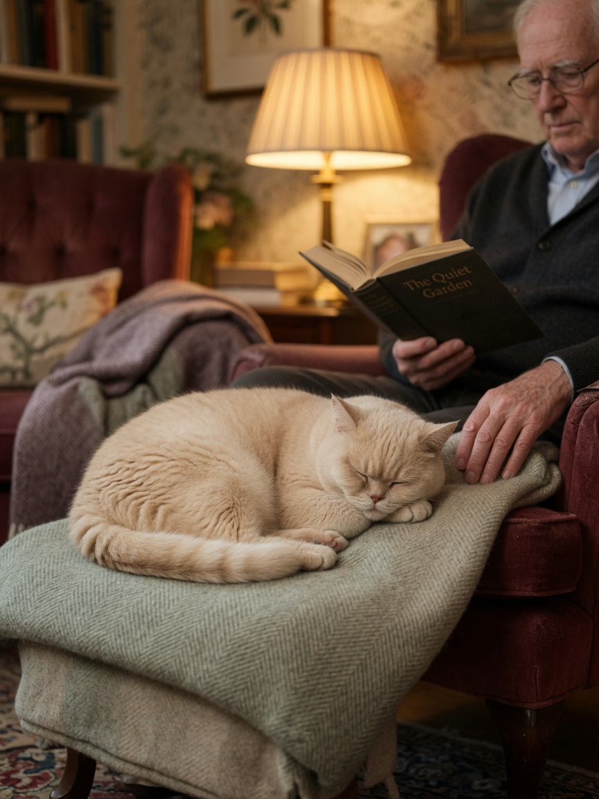A calm senior British Shorthair cat resting on a cushioned chair next to an older man reading, demonstrating peaceful companionship and low-key affection in a warm home setting.