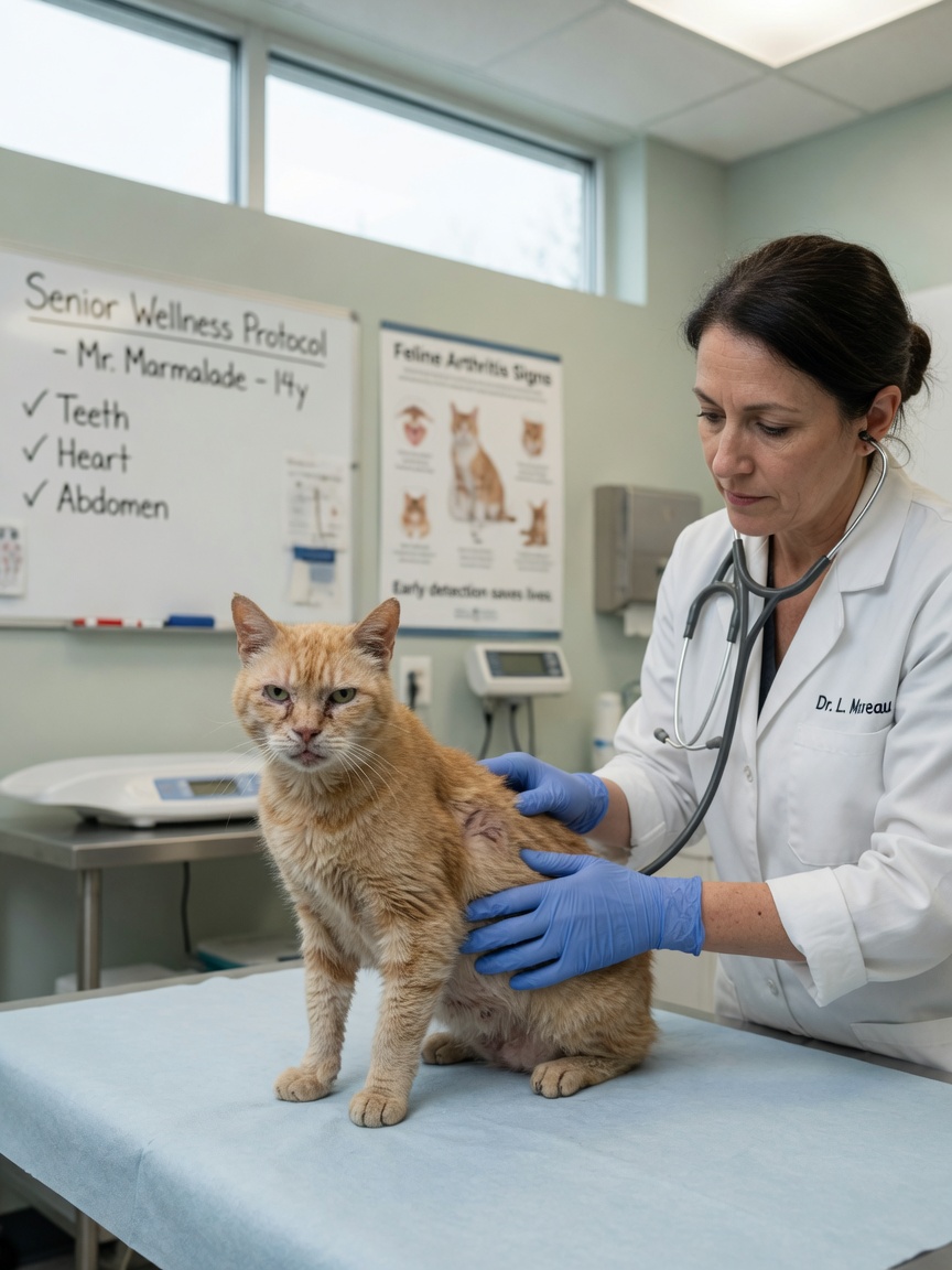 A senior orange tabby cat receiving a comprehensive health examination from a veterinarian at a clinic, the vet gently examining the cat with a stethoscope nearby, demonstrating professional senior cat care.