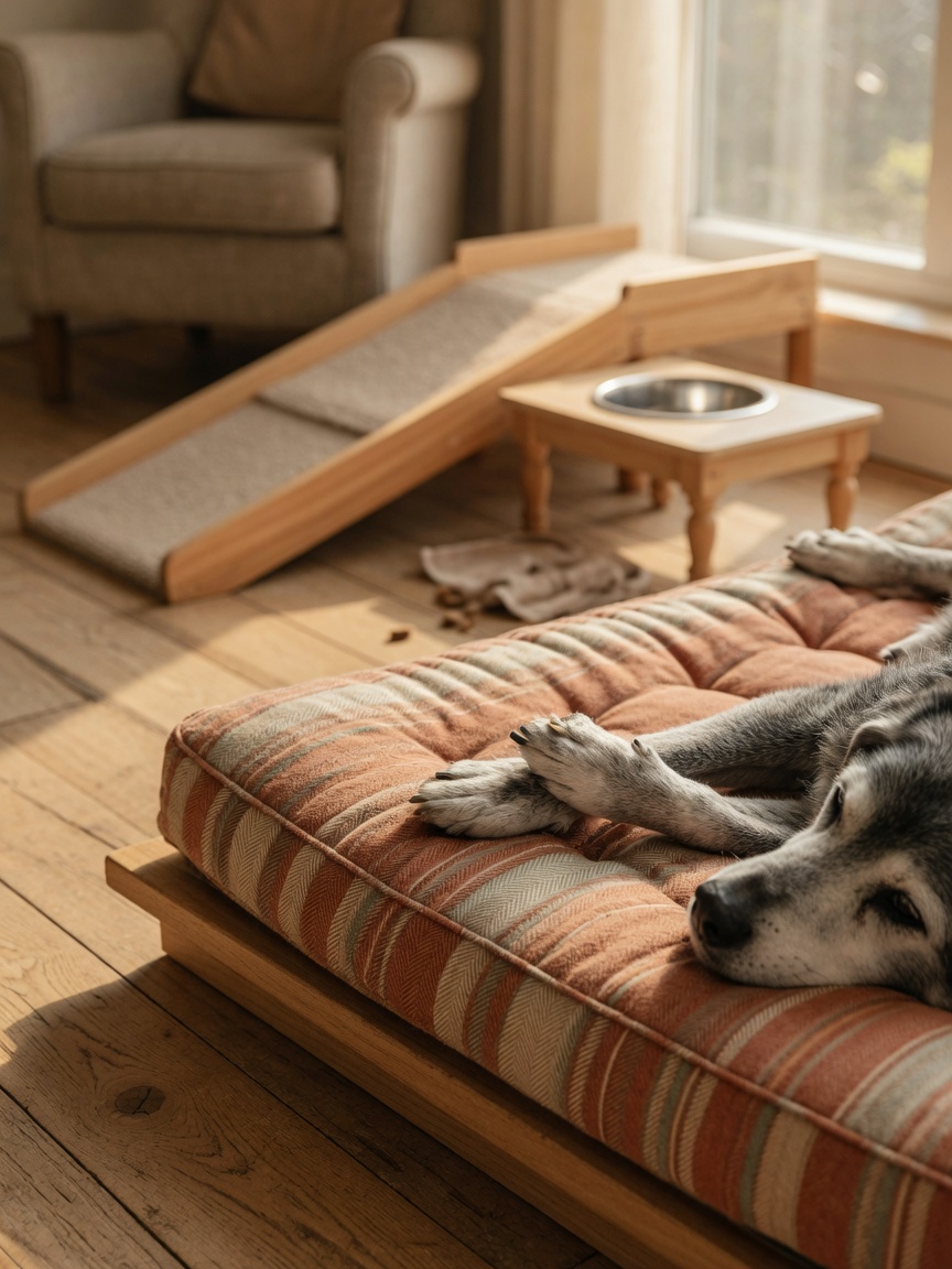 A senior dog resting on an orthopedic bed with a ramp and raised feeding station visible, showing home adaptations for elderly dogs
