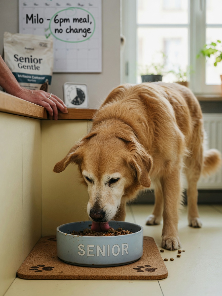 Perro senior comiendo del cuenco durante rutina de alimentación establecida en cocina del hogar