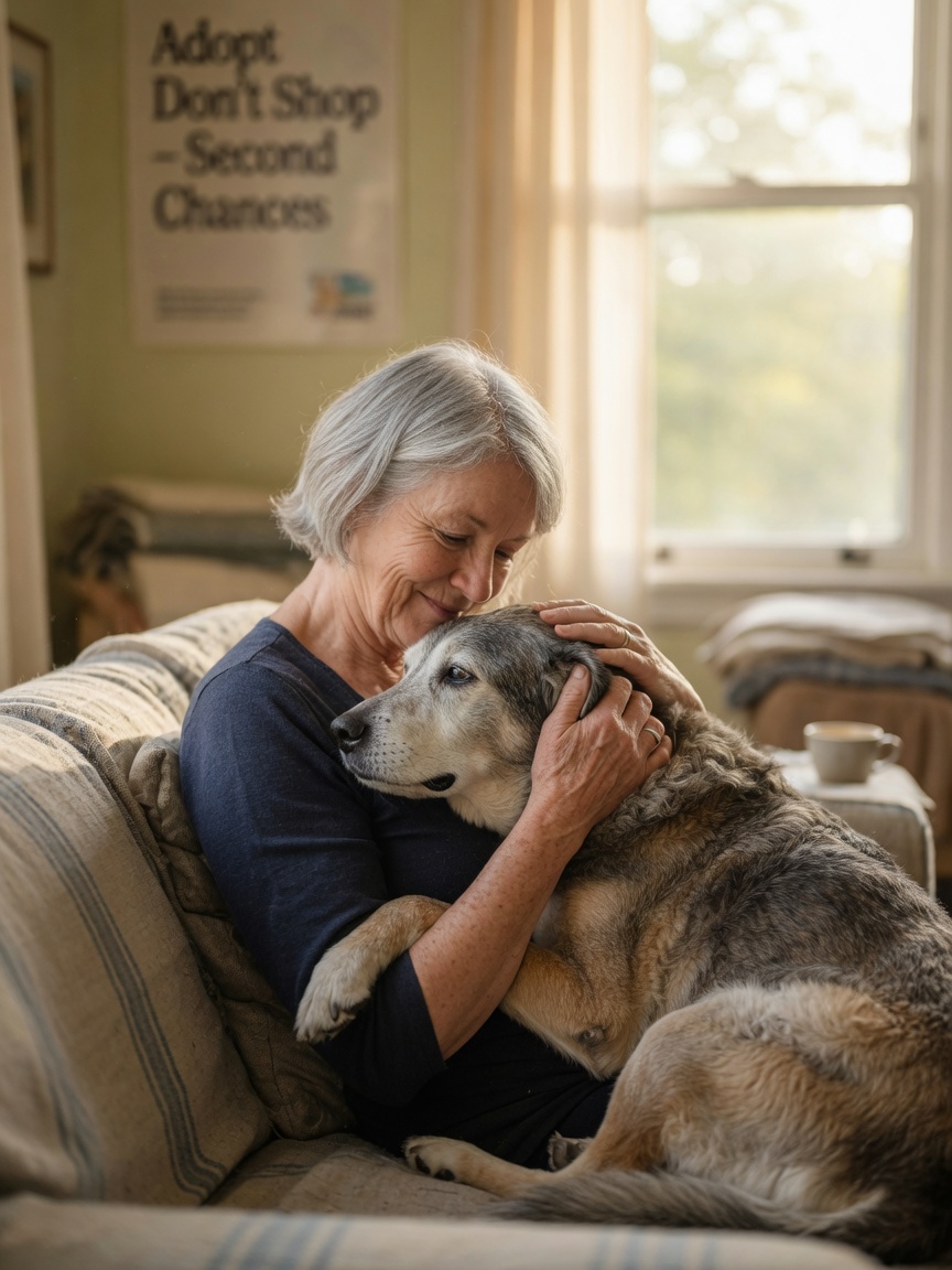 Perro senior y adoptante en momento de vinculación con toque gentil y afecto para construir confianza