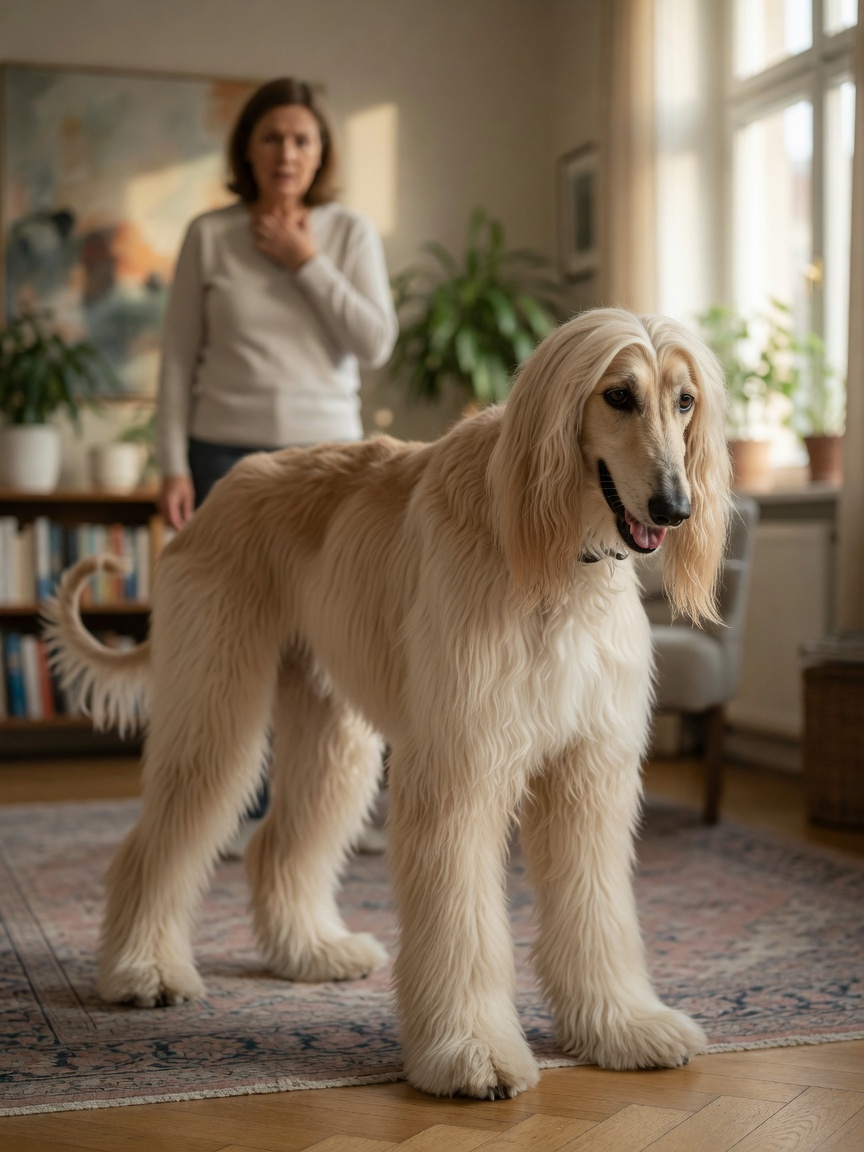 Afghan Hound showing signs of exercise intolerance and labored breathing, indicating possible respiratory compromise