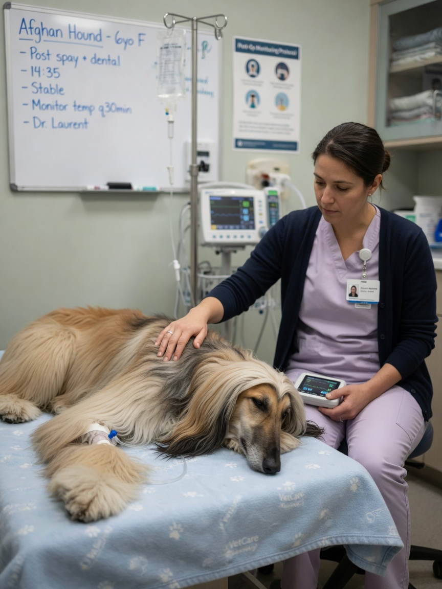 Afghan Hound receiving extended post-operative monitoring by a veterinary nurse after general anesthesia, illustrating the breed's need for careful anaesthetic protocols and extended recovery observation