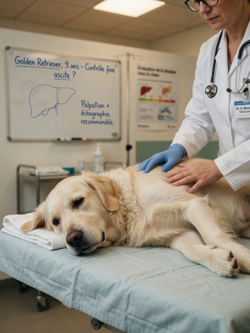 Golden retriever undergoing veterinary abdominal examination by a vet to assess liver damage from aflatoxin poisoning