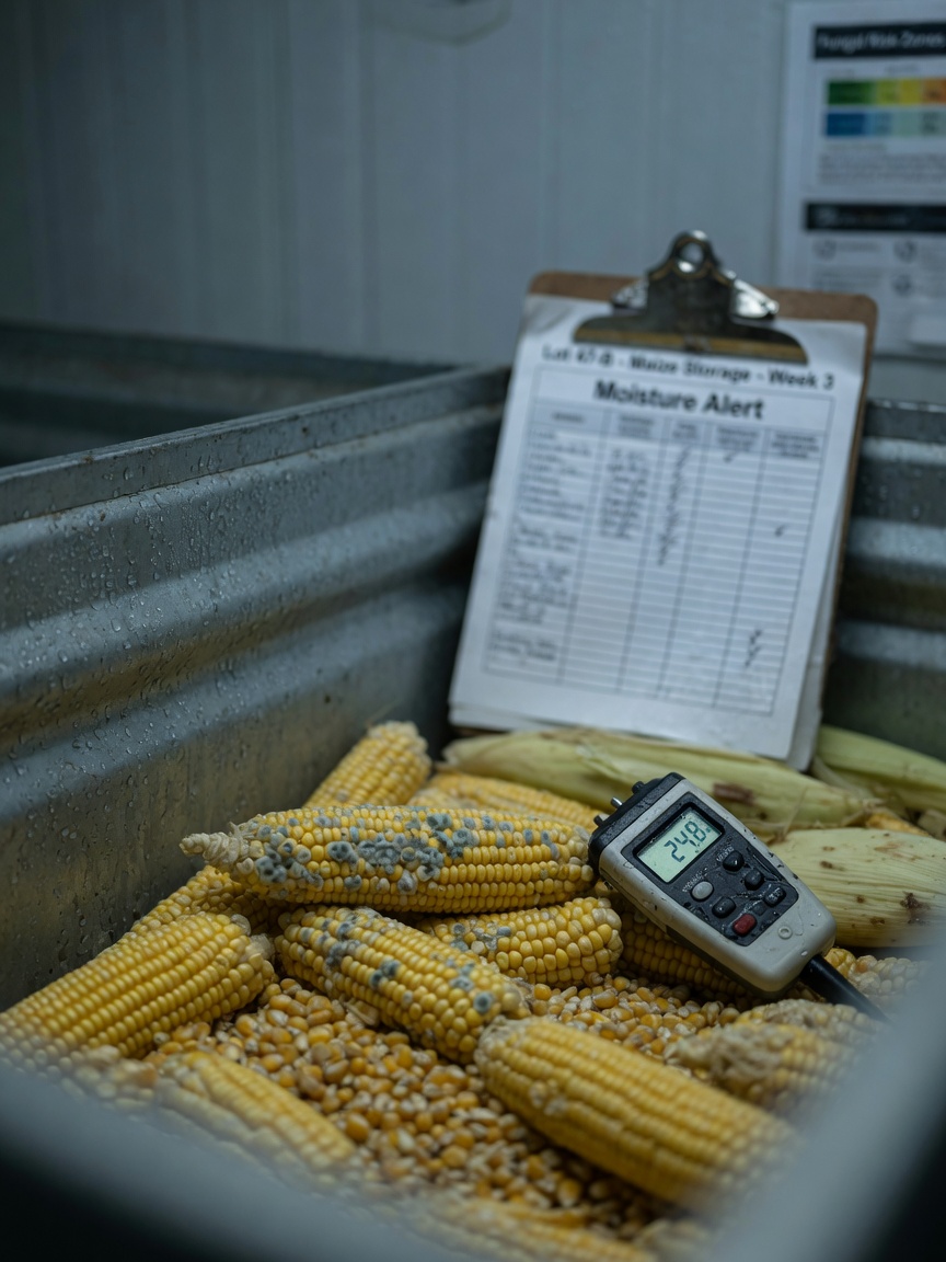 Close-up of corn kernels showing visible mould growth in humid warehouse storage conditions where aflatoxin contamination originates
