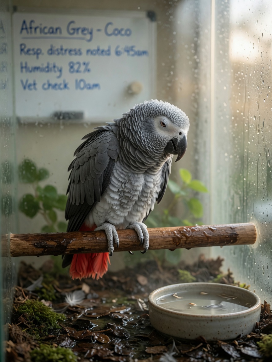 African grey parrot showing respiratory distress in a humid enclosure with visible moisture