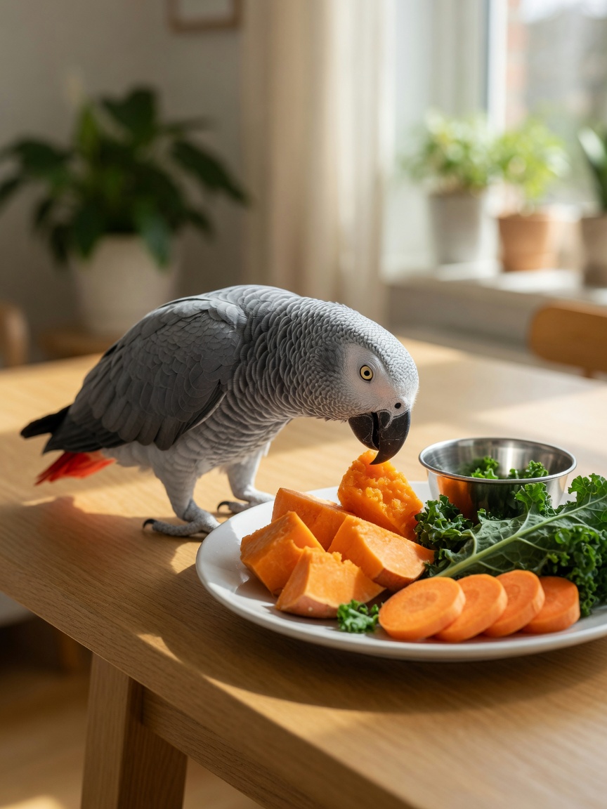 African grey parrot presented with fresh vitamin A-rich vegetables including sweet potato, kale, and carrots
