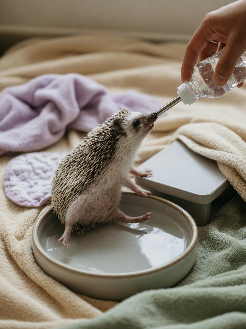 African pygmy hedgehog with hind leg weakness in adapted enclosure with water bottle assistance