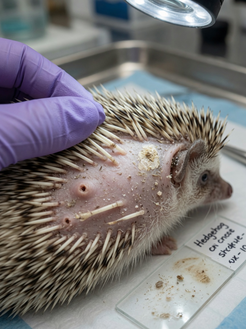 Close-up veterinary examination of African pygmy hedgehog skin showing parasite infestation signs and quill loss