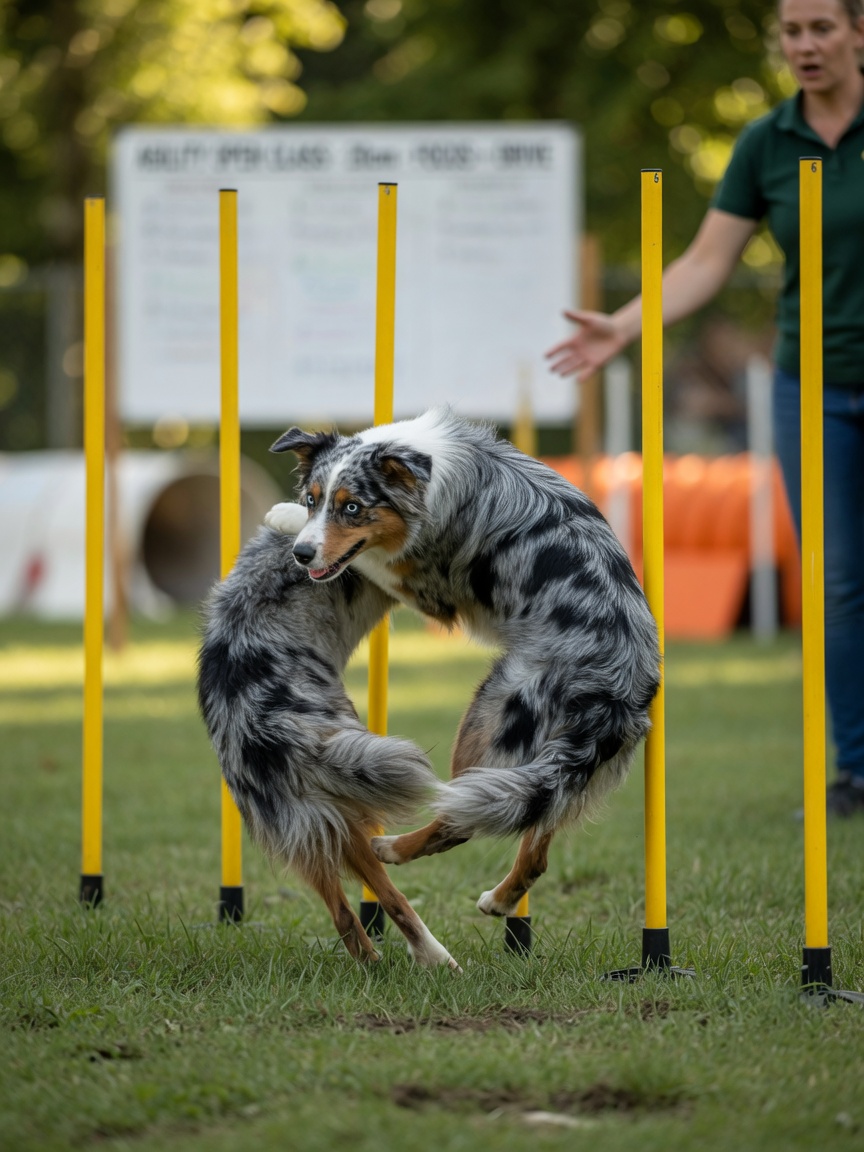 Australian Shepherd weaving through yellow poles with focused expression